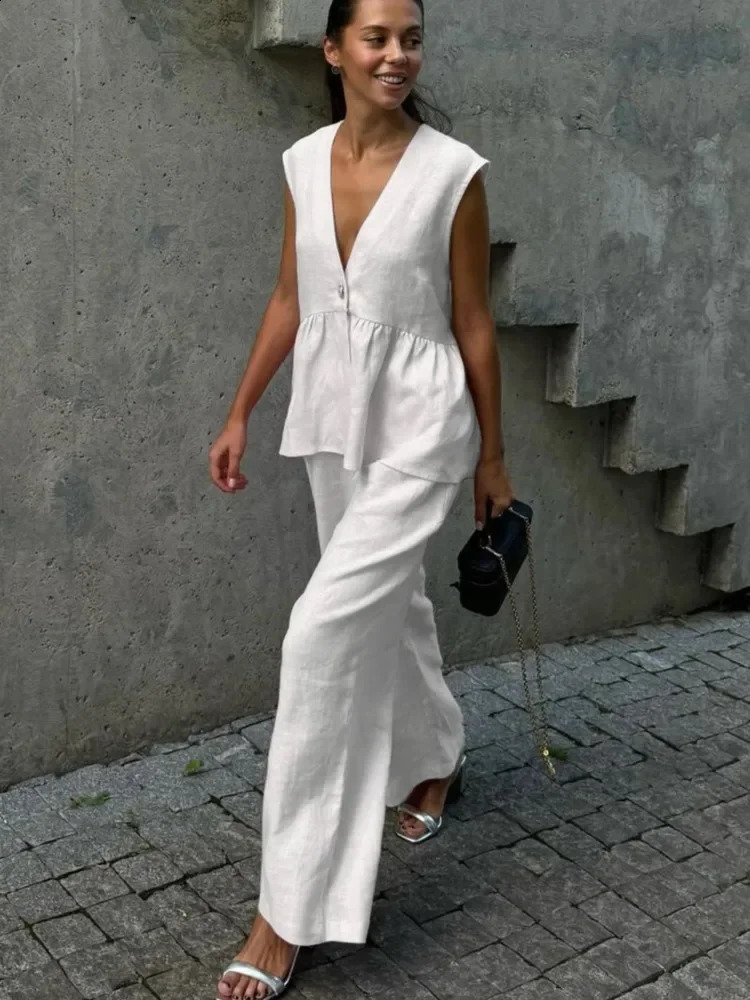 Summer Chic Womens Set Solid Color Cotton Linen Two Piece Set Fashion Ruffles Sleeveless Tank Top With Wide Pants Outfit Female 250617
