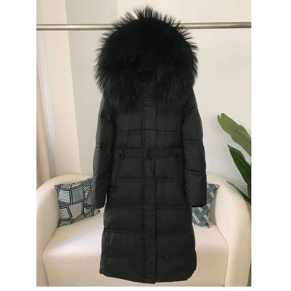 Real Raccoon Fur Winter Natural Fox Fur Collar Jacket Long Women 2024 Thick Warm Duck Down Coat Belt Outerwear Streetwear