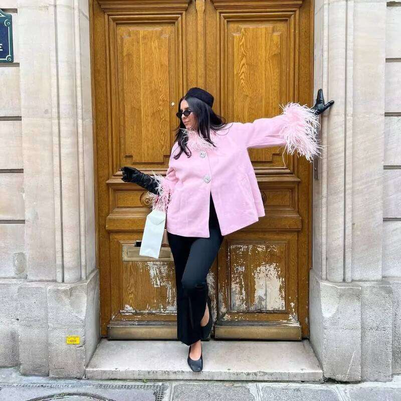 Fashion Feather Spliced Women Jacket Long Sleeve High Collar Solid Coat Retro Casual Loose Coats New Winter Lady Party Outerwear