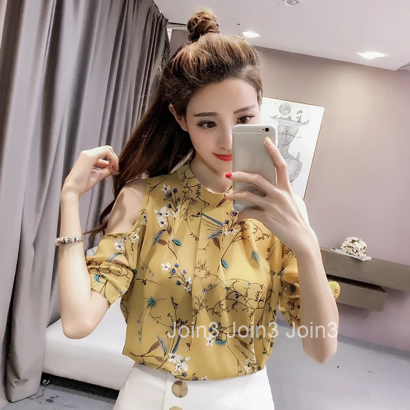 With Print Summer Floral Female Tops Off Shoulder Womens Shirt and Blouse Yellow New Collection 2025 High Quality Korea Stylish