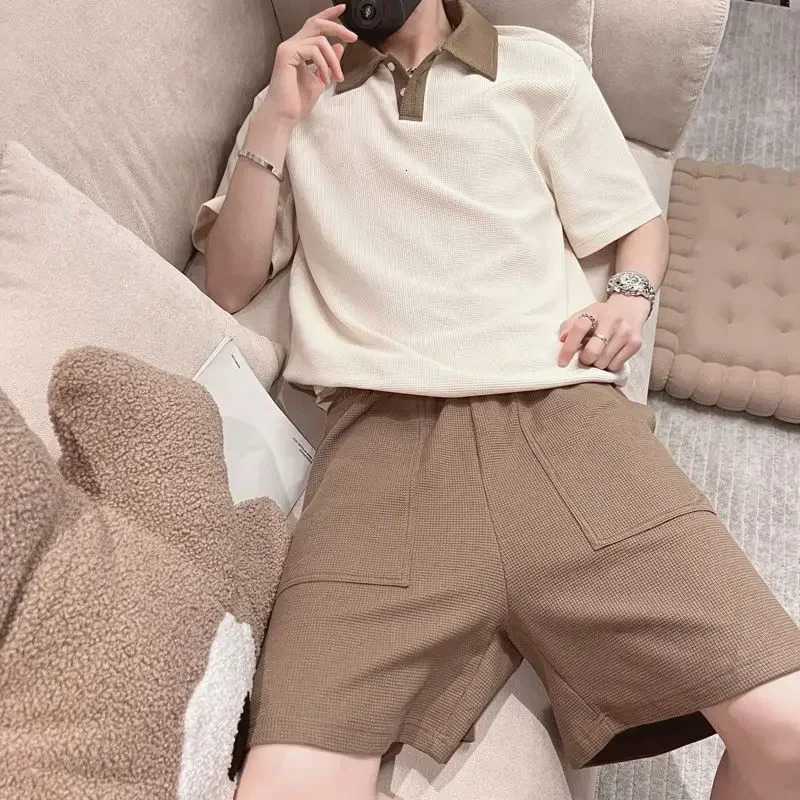 Tracksuit No Shorts Sets Sportswear T Shirt Man Khaki Mens Clothing Cool Sports Suits Korean Style Top 2 Piece Outfit XL 250617
