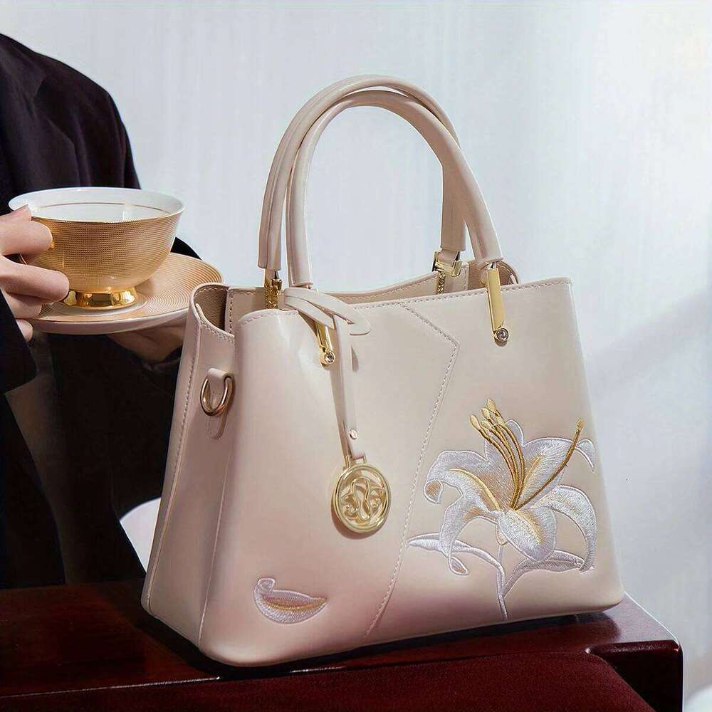 Luxurious Embroidered Handbag With Lily Flower Pattern, Pefect Match For Qipao And Other Traditional Dresses