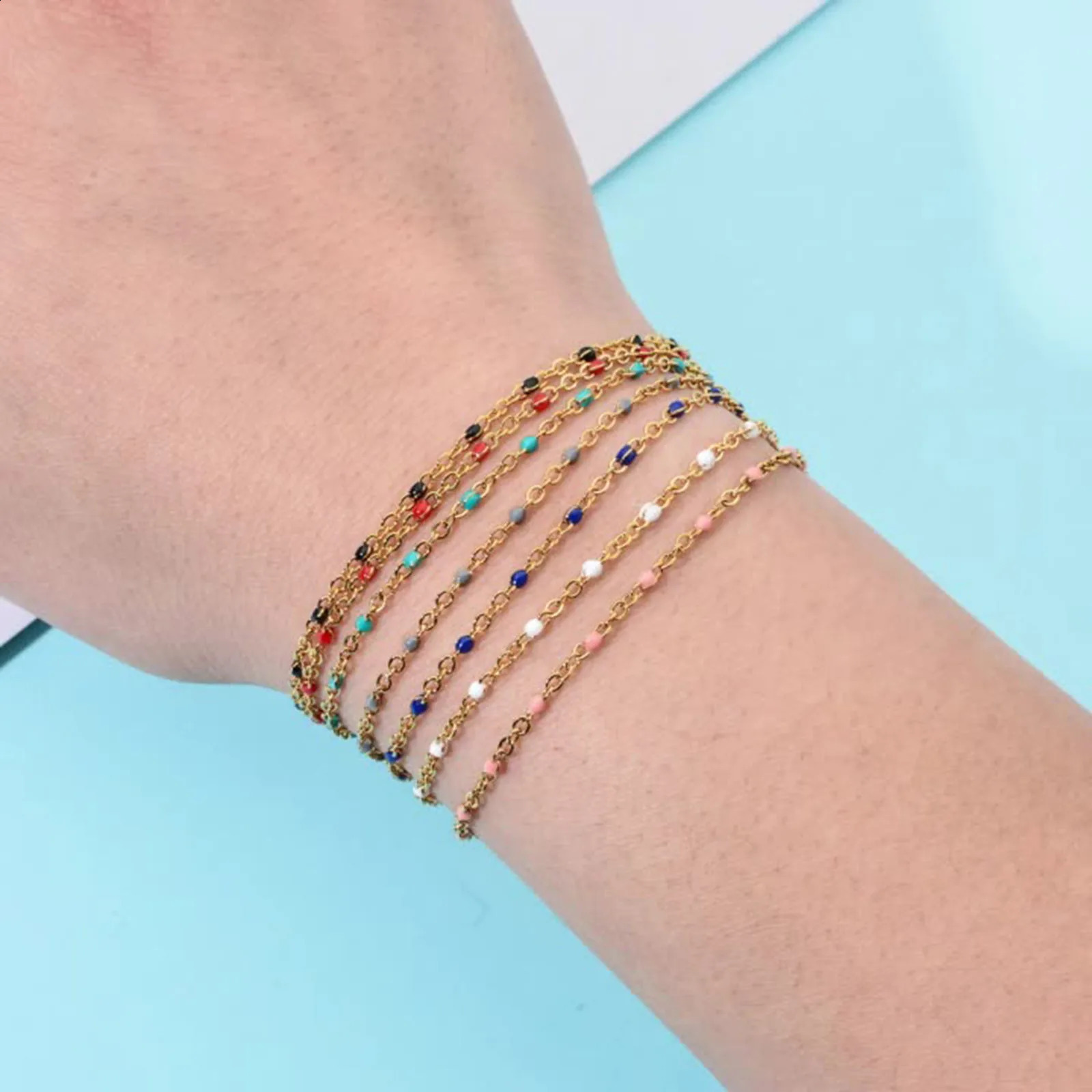 Fashion Colorful Enamel Beads Anklet Gold Color Stainless Steel Chain Bracelet For Women Summer Beach Foot Jewelry 23cm 250606