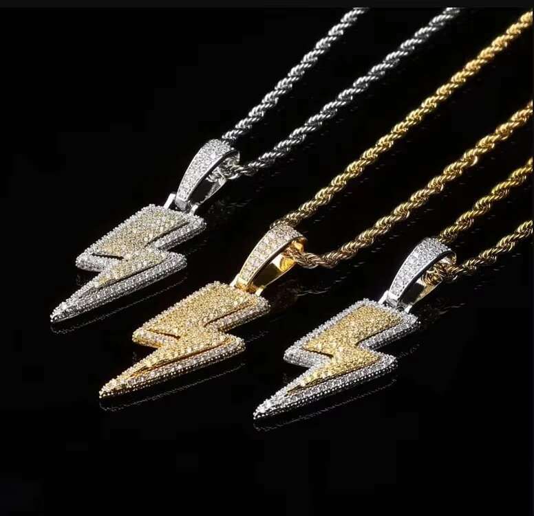 Trendy Mens Full Moissanite Diamond Iced out Lightning Bolt Necklace VVS Jewelry Iced Pendants Charms Hip Hop Style