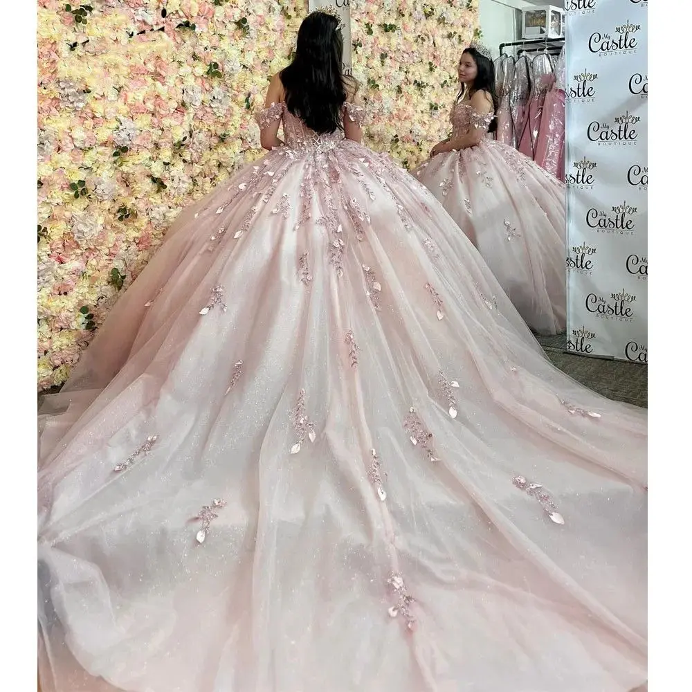 Sparkly Pink Quinceanera Dresses Ball Gown Sweetheart Appliques Flowers Off The Shoulder Beading Sequins Puffy Sweet 16