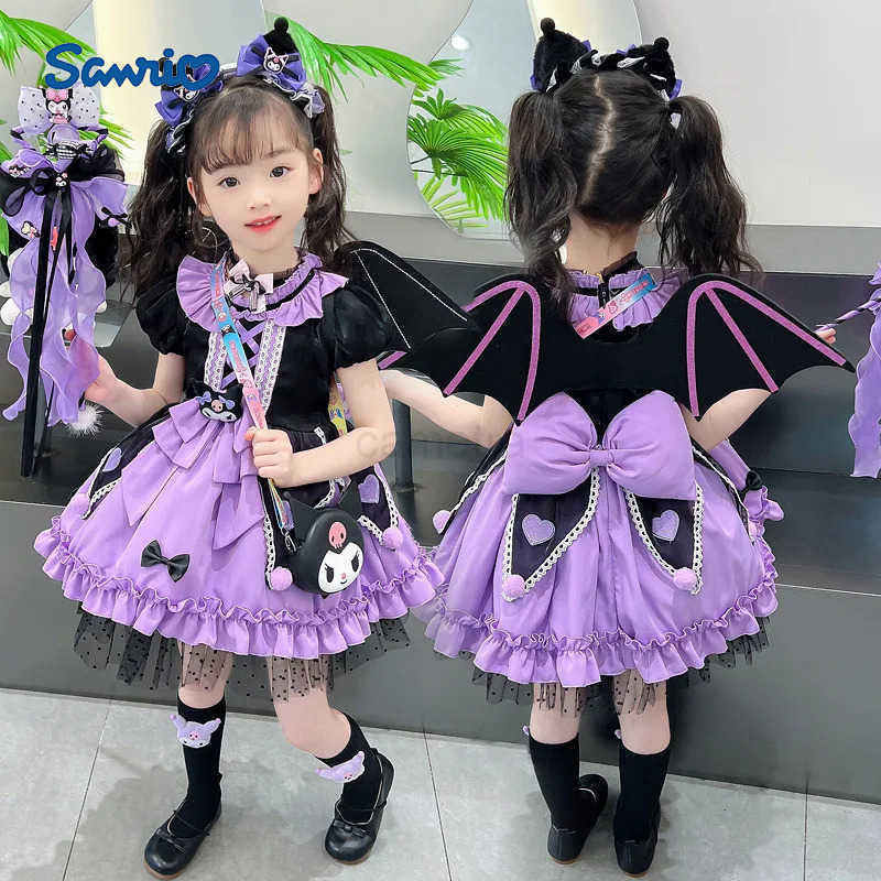 Sanrio 2024 Cosplay Sanrio Kuromi Lolita Princess Dress Children Birthday Party Costume Summer Bow Puffy Skirt Dress Suit Girls Gift XJ250618