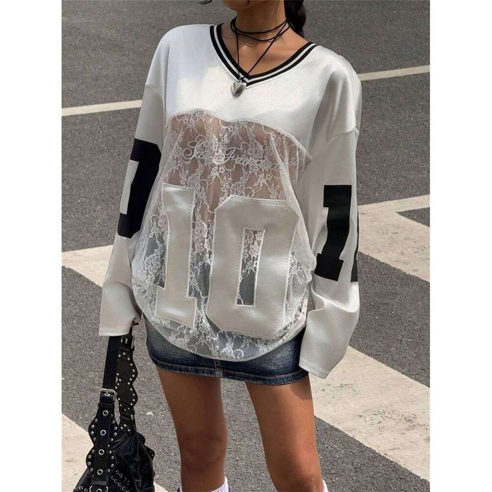 Summer New Women's Fashion Personality Trendy Printed Lace Sheer V-Neck Sweatshirt B5