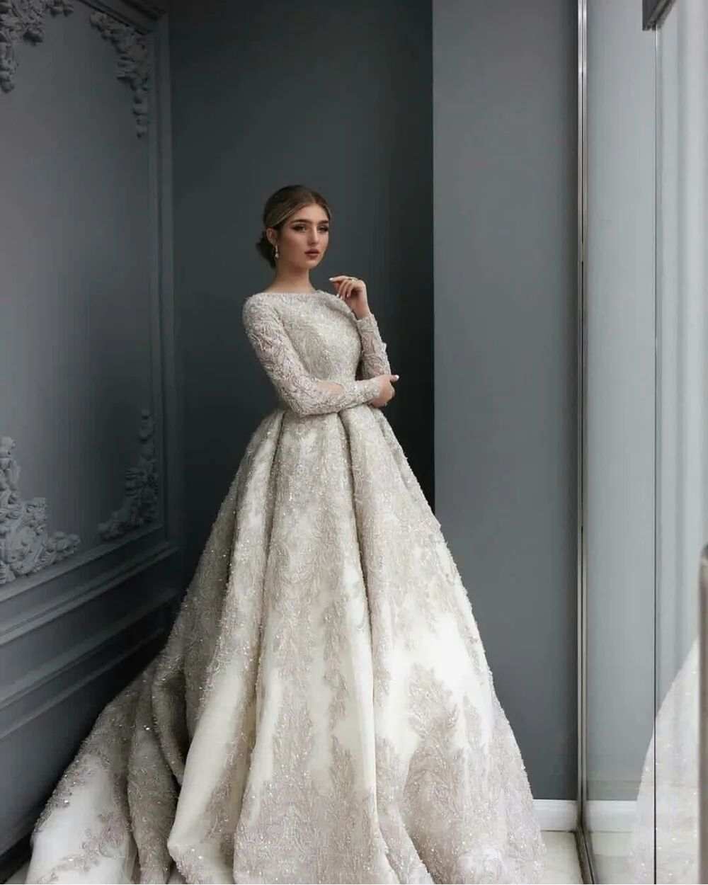Arabic Aso Ebi Wedding Dress vestidos de novia Lace Appliques Long Sleeve Sequined Bridal Gowns Vintage mariage Gown Vestidos De Novia