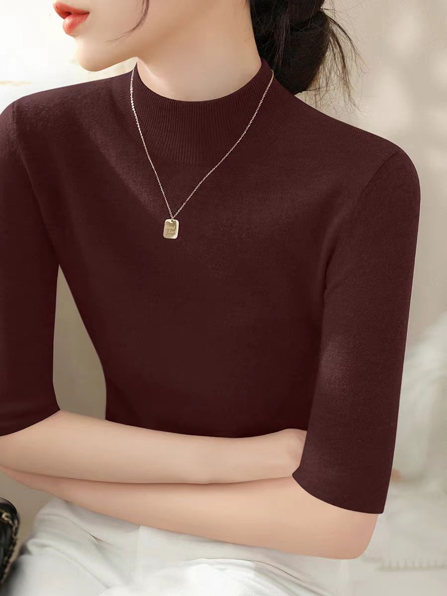 Spring and Autumn Women's T-shirt simple French temperament solid color five-quarter sleeve bottoming shirt