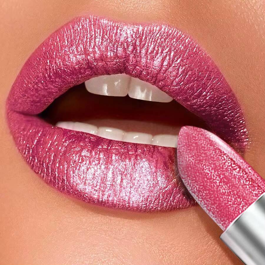 1PC Bold & Intense Glitter Shiny Metallic Lipstick Pearlescent Tint,Long Lasting Senior Matte Lip Makeup Gifts for Women happy