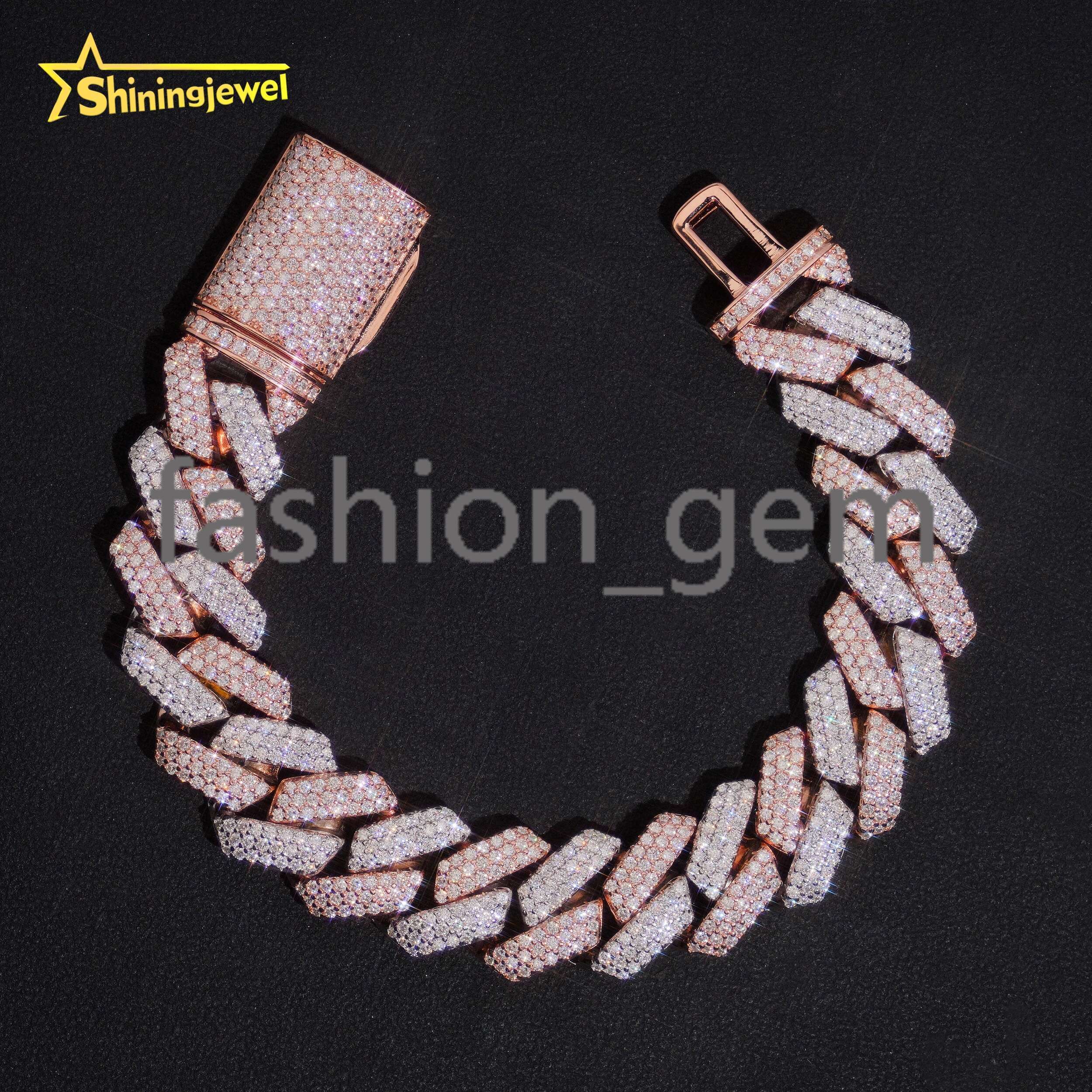 Two Tones Silver Rose Gold 15mm Moissanite Cuban Link Bracelet Hip Hop Moissanite Cuff Bracelet for Unisex Fashion