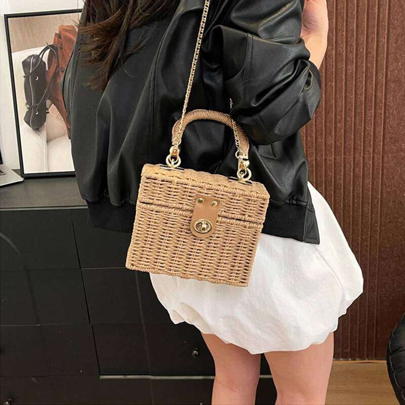 Rattan Straw Shoulder Bag Women Boho Hand-Woven Basket Messenger Pouch Summer Beach Square Box Top-handle Handbag for Lady