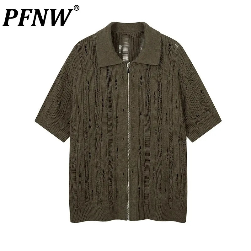 PFNW Niche Chic Hollow Out Pole Short Sleeve Knitted T-shirt Mens 2025 Summer Zipper Tops Loose Lapel Tops 28W6586 250617