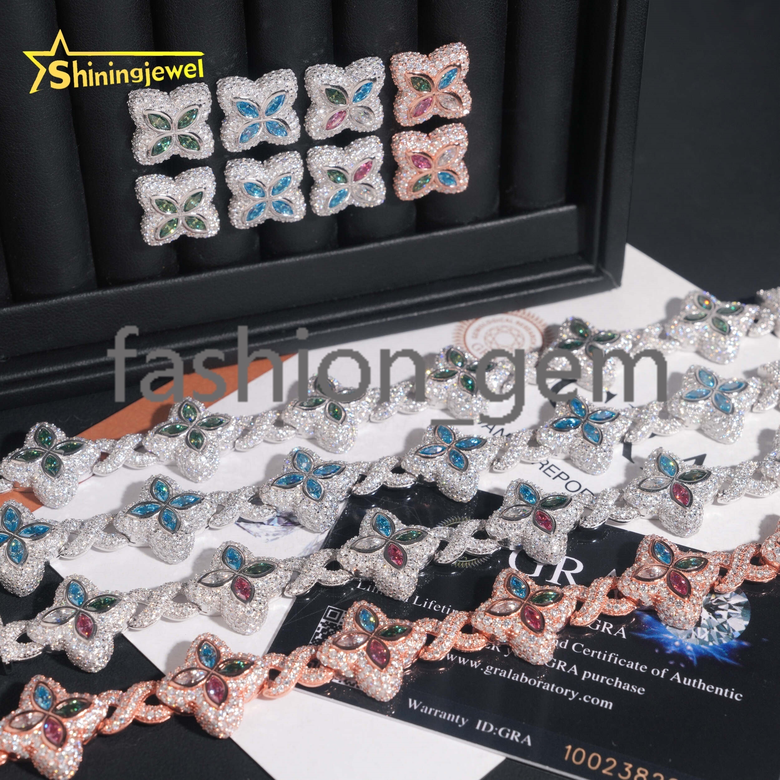 Iced Out Fine Jewelry Set Hip Hop 925 Silver 18MM Colored Marquise Flower Moissanite Bracelet with Earrings GRA Certificated