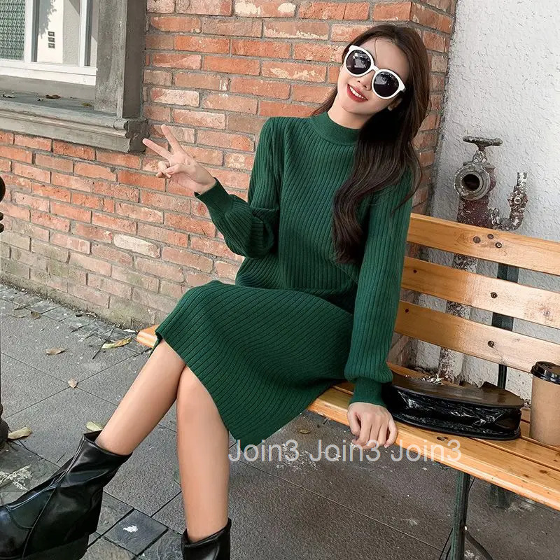 Turtleneck Female Dress Robe Clothing Evening Crochet Green Womens Dresses Long Maxi Knit Korean Fashion A Line Retro Vintage