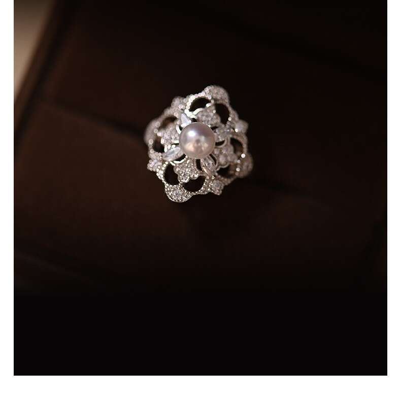 Beauvieu Waltz" Pearl for Women, Hollow Artistic Adjustable Open Ring
