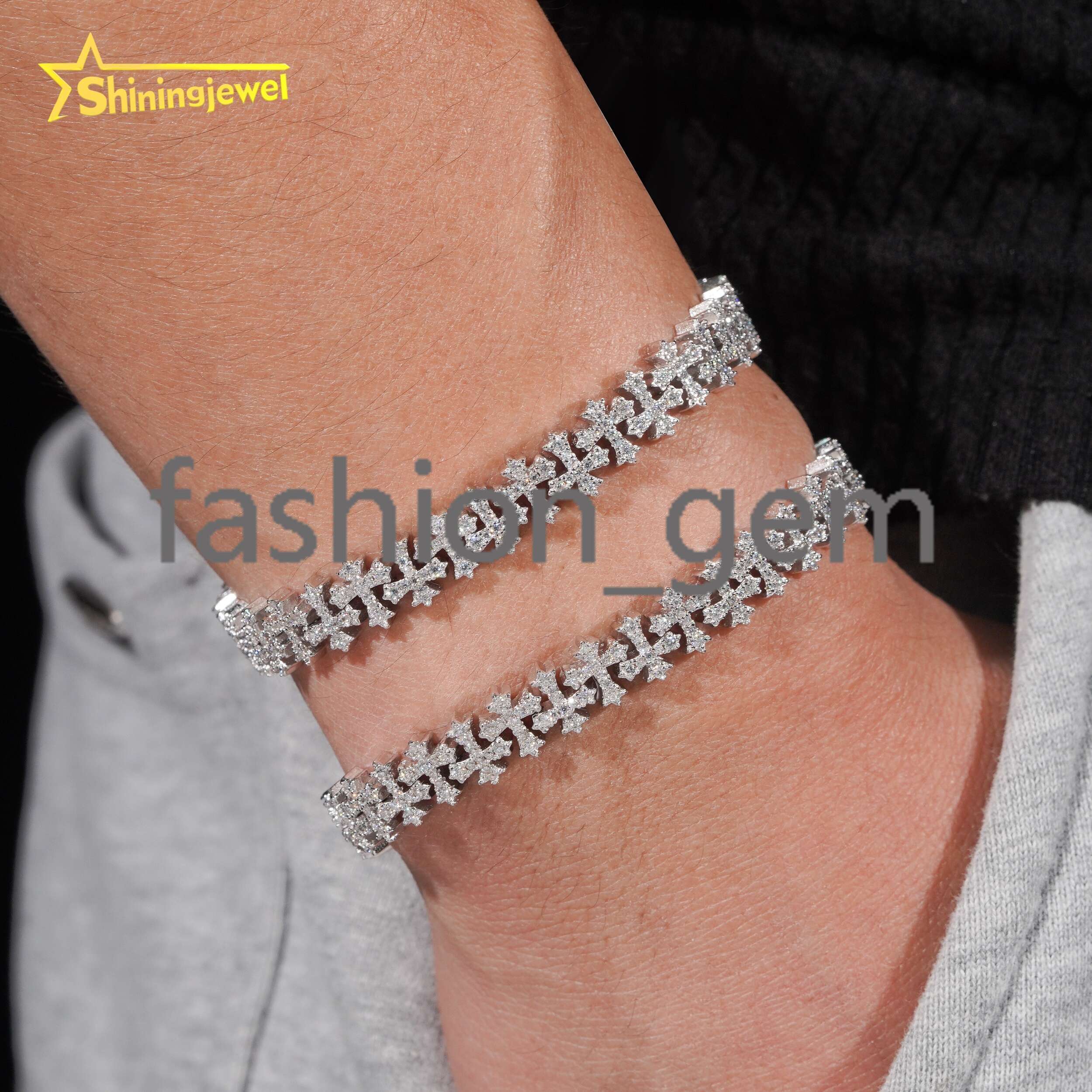 8mm Iced Out Moissanite Cross Bracelets in 925 Silver Micro Pave Diamond Cut Design Unique Custom for Couple