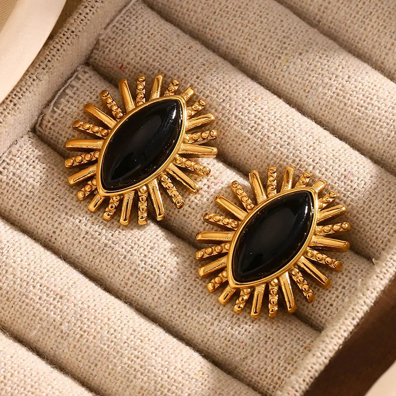 Black stone agate eye stud earrings stainless steel earrings for women elegant statement vintage jewelry non tarnish 250618