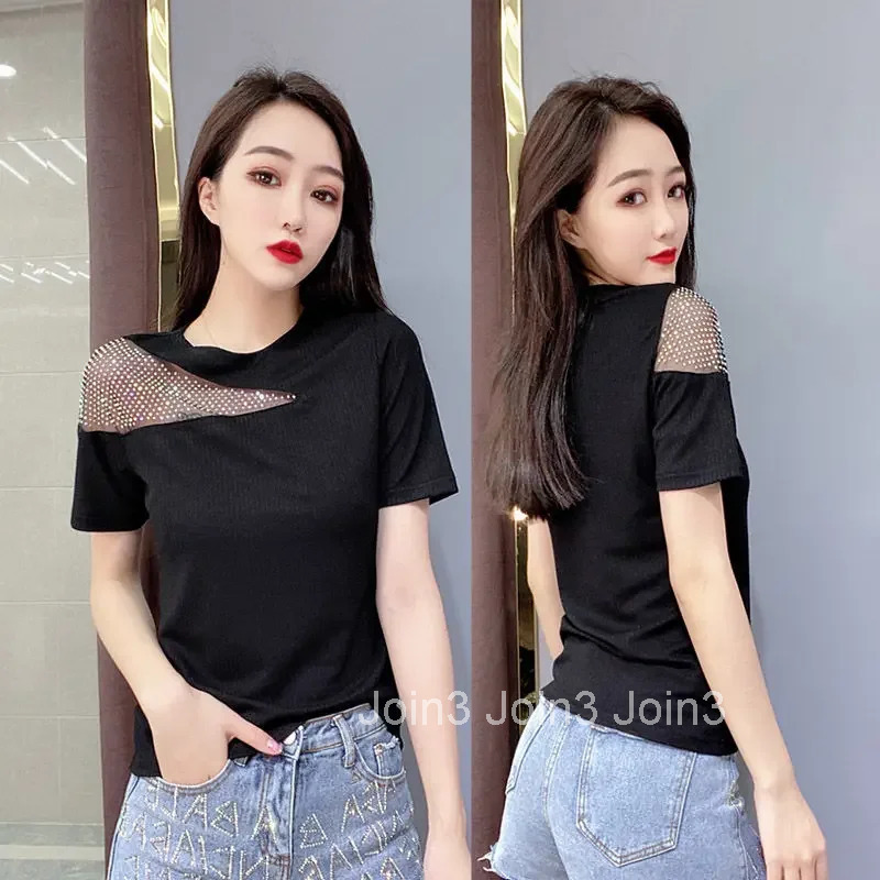 Womens T-shirt Rhinestone Summer Outfit Glitter Sequin Top Female Baggy Short Sleeve Plain Y2k Clothes Korean Popular Elegant