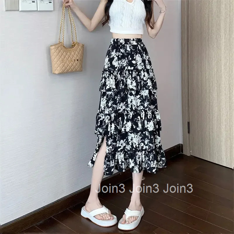 Midi Ruffle Skirts for Women Floral Patchwork Woman Skirt Clothing Sales Casual Premium 2025 Trend A Line Streetwear New in V