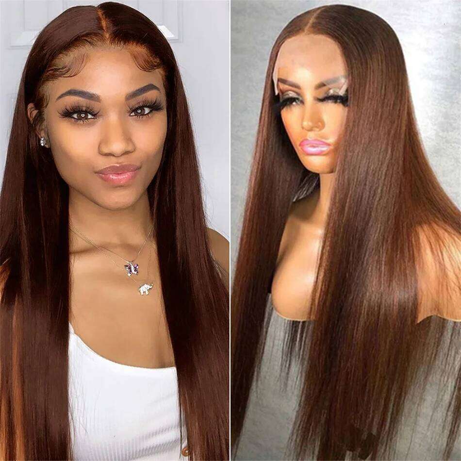13x4 30 40 Inch Chocolate Brown Straight Front Human Hair Wig 13x6 Transparent Hd Pre Plucked Lace Frontal Wigs For Women