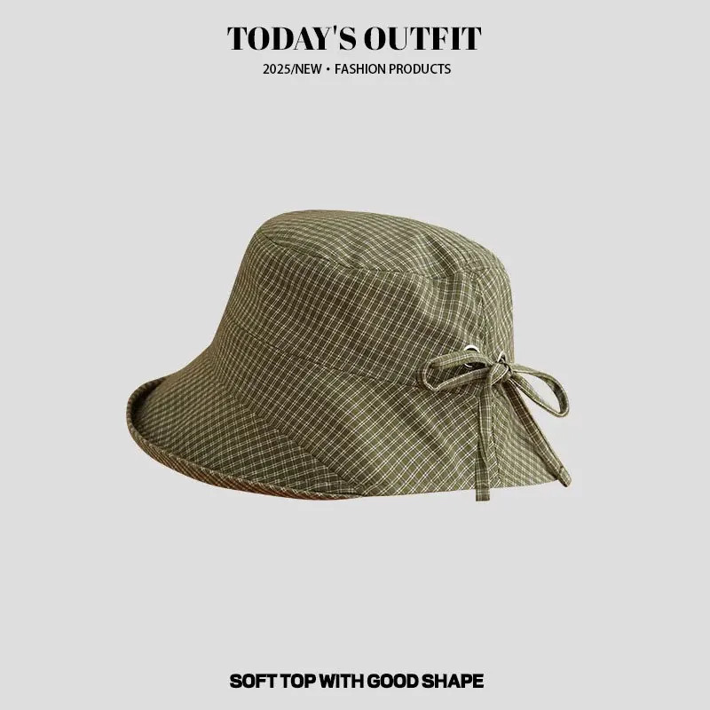 Japanese Style Fisherman Hat Women Summer Check Pattern Rolled Brim Wide Brim Face Slimming Bucket Hat Sun Protection 250618
