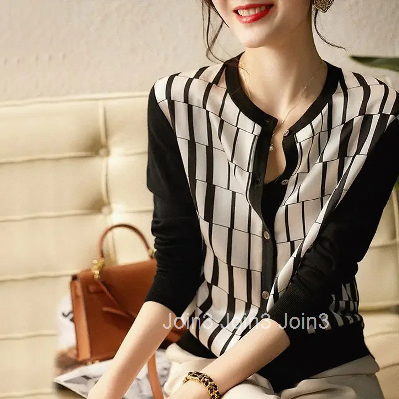 Cardigan for Women Contrasting Colors Jacket Outerwear Round O Neck Knitted Sweater Woman Korean Fashion Streetwear 2025 Vintage