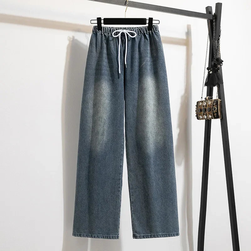 Plus Size Plus Size Womens Jeans Spring Summer Elastic Waist Belt Loose Wide Leg Pants Small Size Pants Big Code Trousers 250609