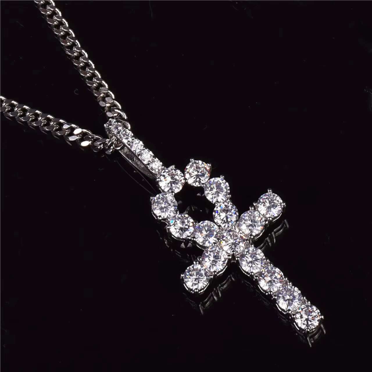 New Trend 22k Gold Silver Egyptian Ankh Cross Pendant Inspired by African Culture with Moissanite Cuban Chain Necklace