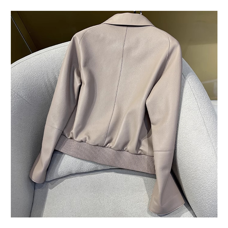 Chic Autumn Collection: Sleek Ladies' Leather Coat w/ Stand-Up Collar