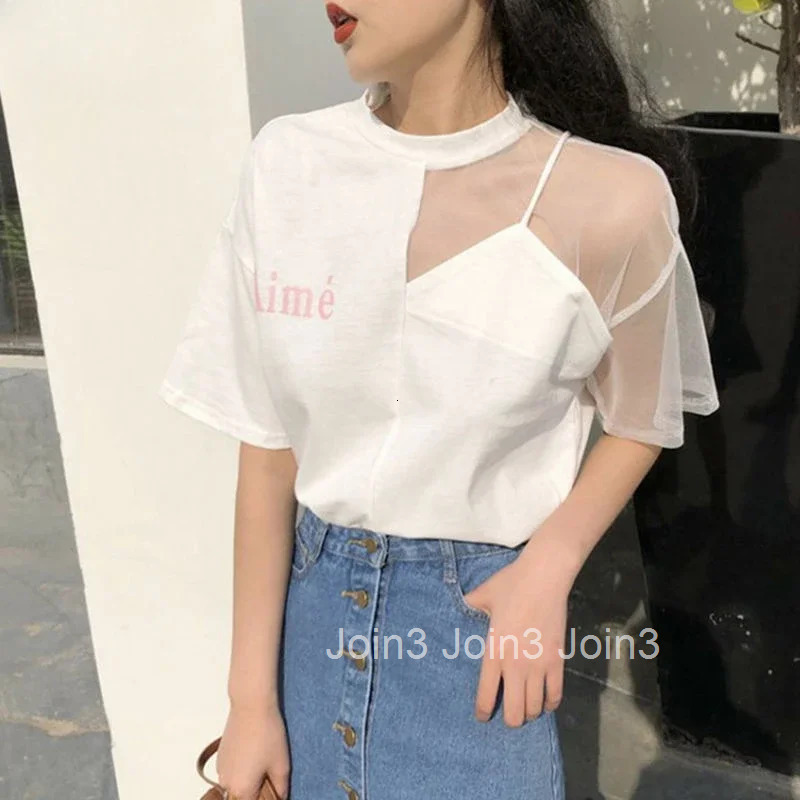 T Shirt for Women Mesh Plain Baggy Short Sleeve White Tops Woman Korean Popular Clothes Fashion Womens Clothing 2025 Emo Goth