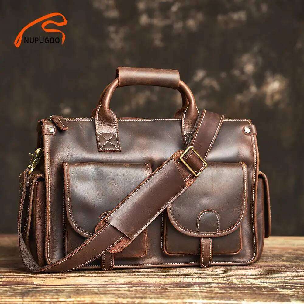 NUPUGOO Vintage Genuine Men's Briefcase Crossbody Bag Crazy Horse Leather Handbag With 16-Inch Laptop