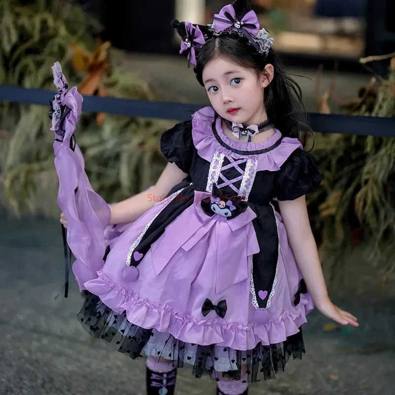 Sanrio Kawaii Sanrio Cosplay Kuromi Lolita Princess Dress Summer Childrens Costume Dress Puffy Skirt Suit Cute Girl Birthday Gift XJ250618