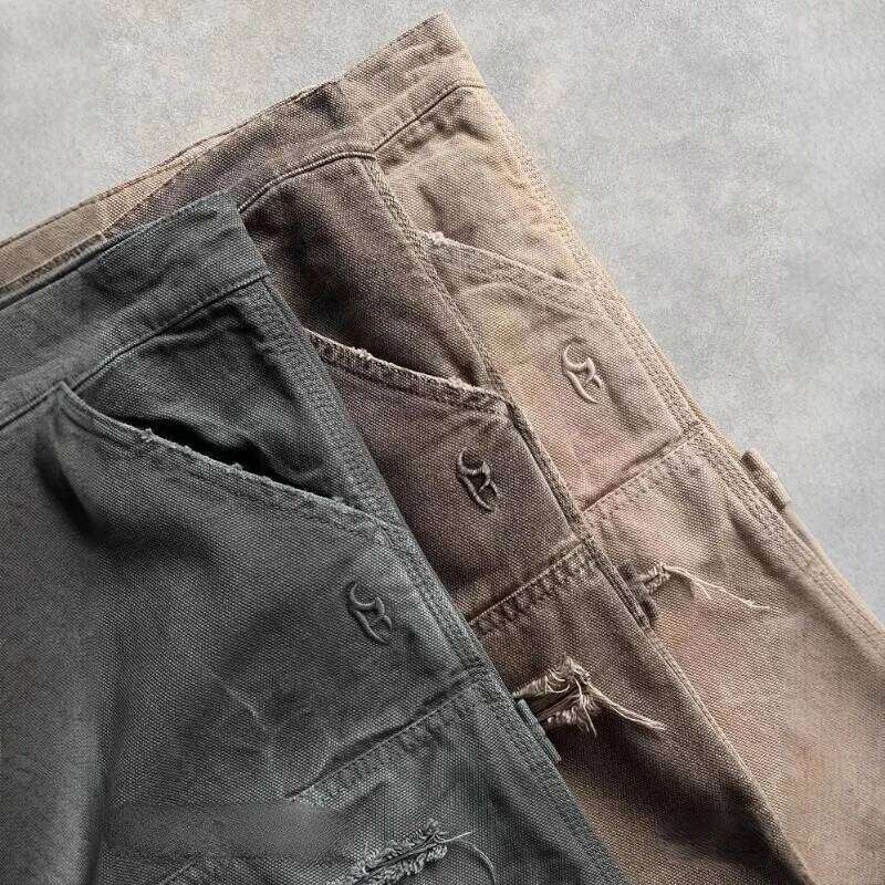 Wear Deeptown Y2k Vintage Washed Women Short Cargo Jeans Haruku Hole American Style Wide Leg Man Jorts Baggy Hip Hop Streetwear