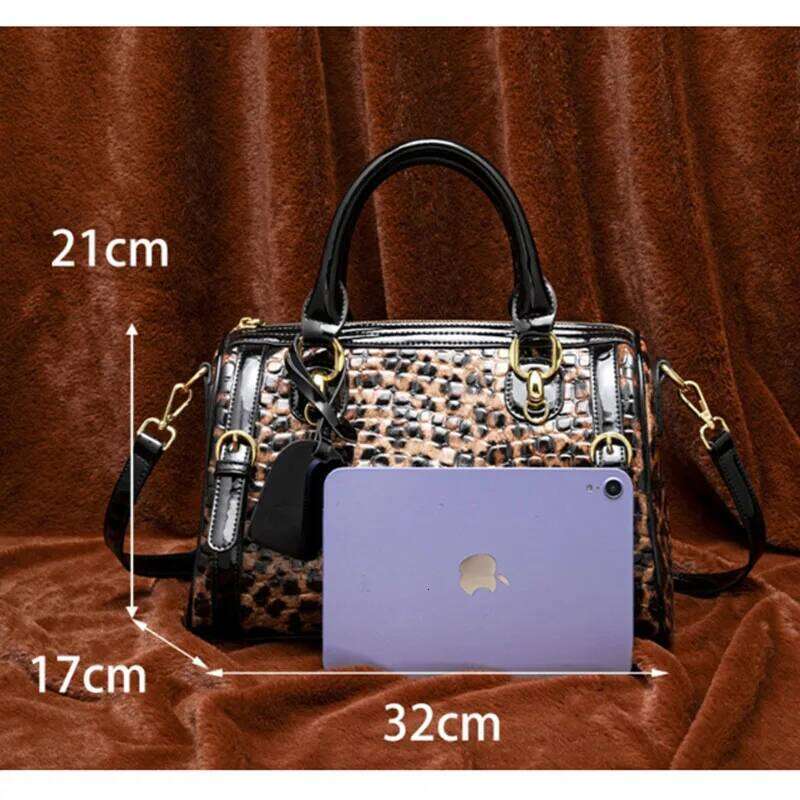2025 New Crossbody Shoulder Leopard Print Women's Handbag Leather Large Capacity Boston Pillow Bag