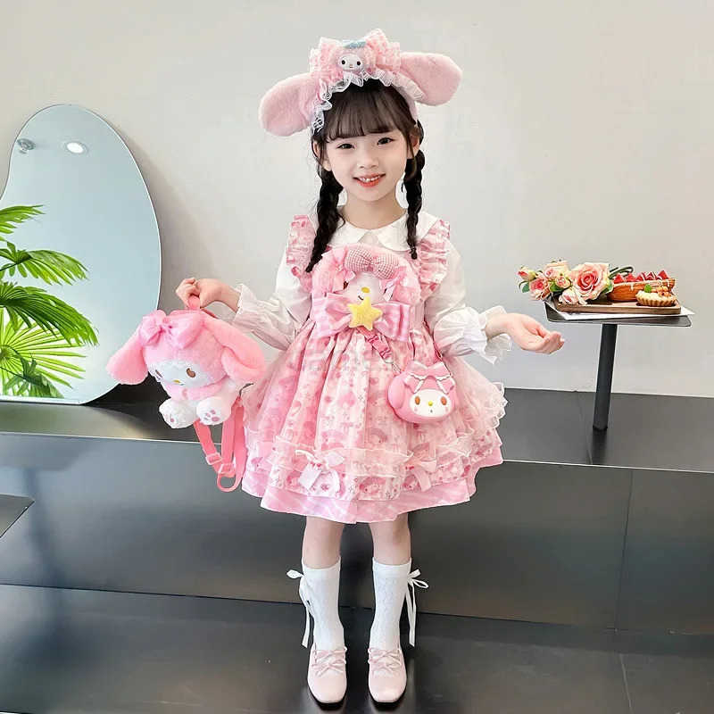 Sanrio 2024 Sanrio Cosplay Melody Lolita Princess Dress Summer Childrens Costume Dress Puffy Skirt Suit Cute Girl Birthday Kawaii Gift XJ250618