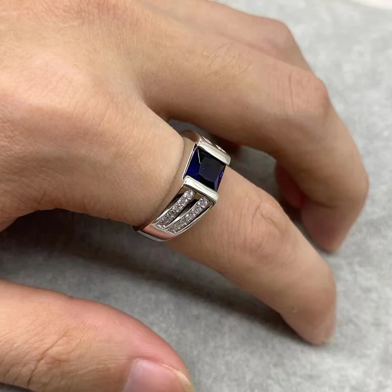 Multi Color Sterling Silver 925 Sterling Silver Square Mens Ring Simple Classic Inlaid Blue Zircon Fashion Ring for Women 250618