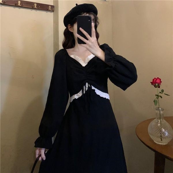 XR188 Retro Square Neck Over-the-Knee Waist Long Skirt Covering Belly