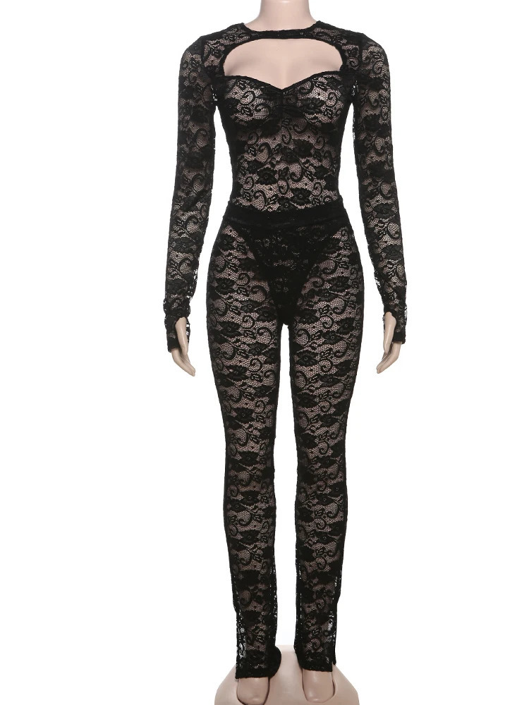 Weird Puss Sexy 2 Piece Set Women Jacquard See Throug Tight Hollow Backless BodysuitLeggings Activity Midnigh Skinny Outfits 250614