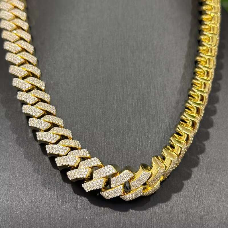 Hip Hop Jewelry Custom VVS Lab Diamond Mossinate Chain Men 14k Gold Vermeil 15mm Prong Cuban Link Chain Moissanite