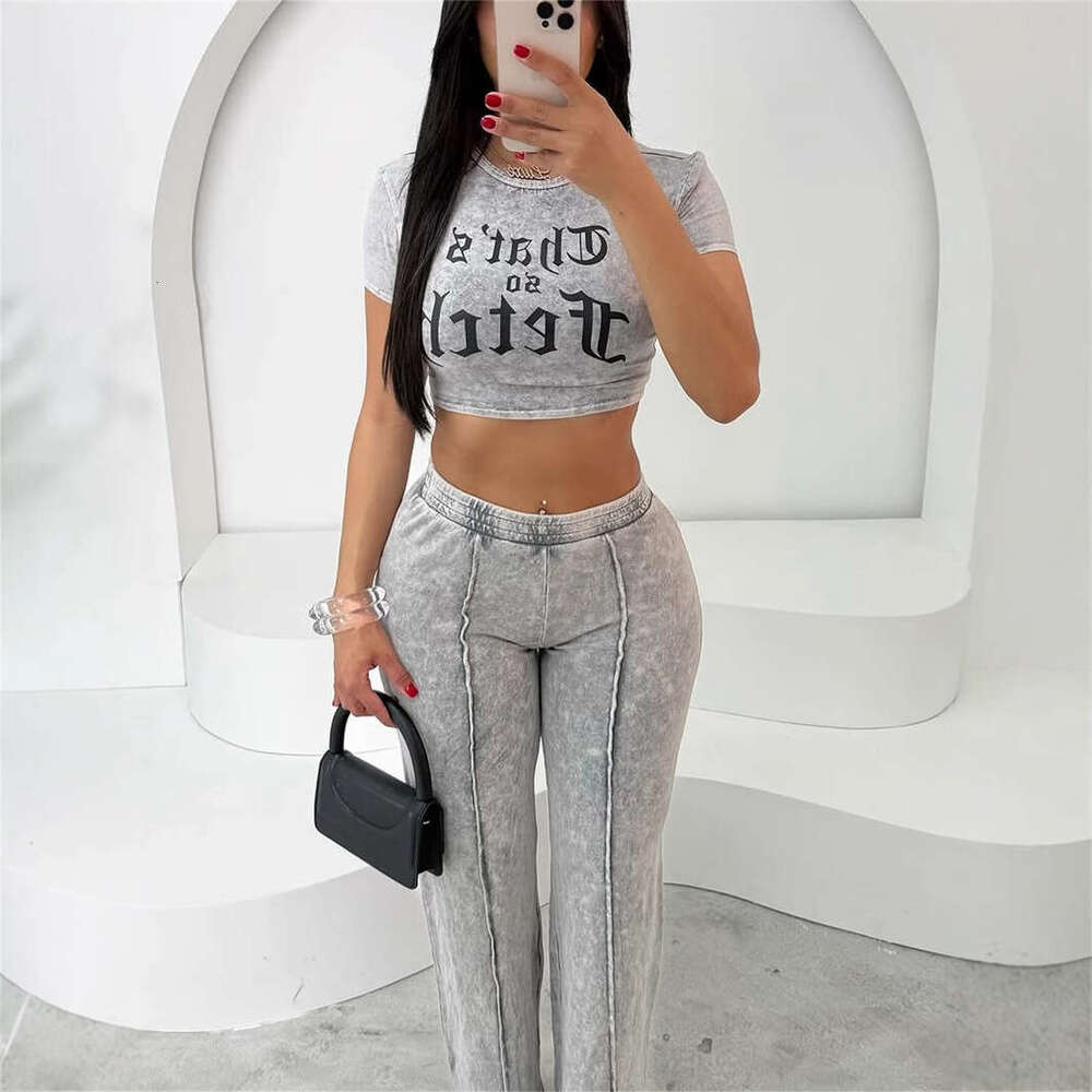 New High Hip Hop Solid Color Street Print Short Sleeve Top And Straight Leg Pants Set For Women B5
