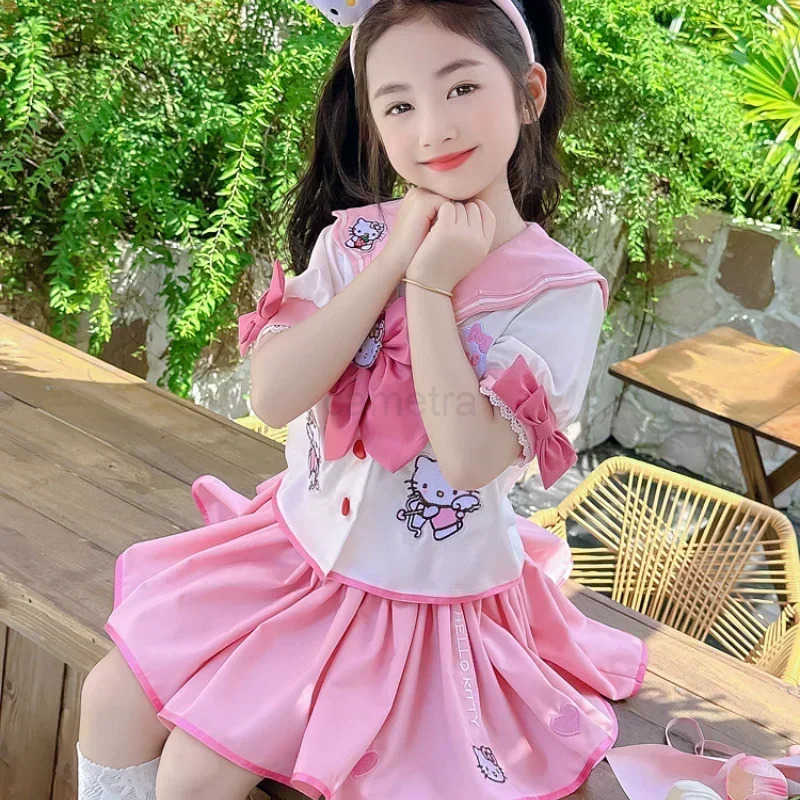 Sanrio Kawaii Sanrio Hello Kitty Children CosPlay Academy Style Pleated Skirt Girl Princess Clothes Childrens JK Uniform Birthday Gift XJ250618