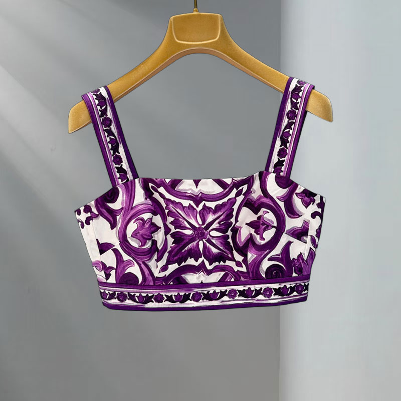 Luxury Women's Purple Printed 100% Cotton Bralette Fashion Runway Sleeveless Crop Top Beach Resort Classic Clothing S0649