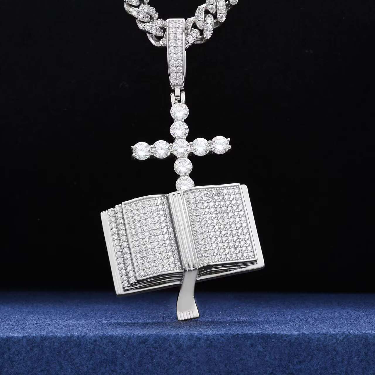 925 Solid Iced Blinged out Moissanite Cross Pendant Necklace Unique Bible Prayer Design in Hip Hop Style