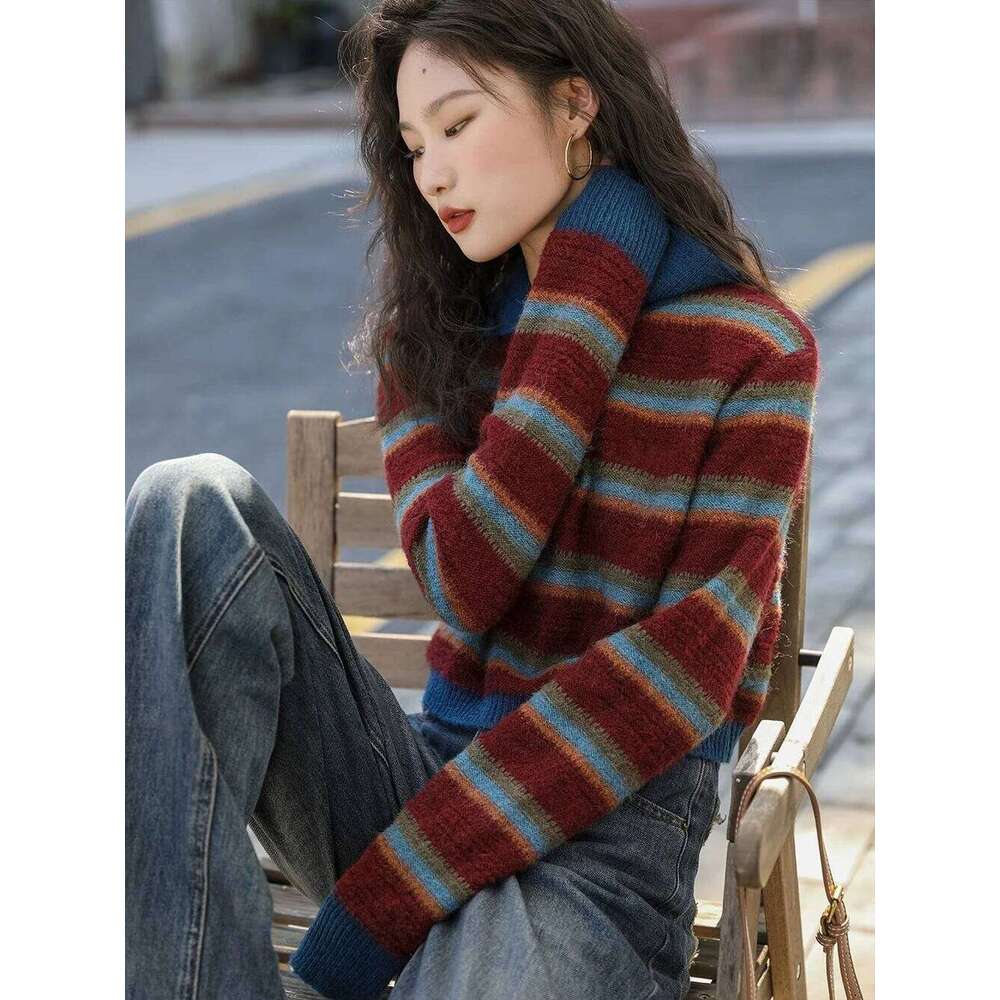 Department of Beauty Rainbow striped zipper half neck cashmere knitwear women's fall/winter loose sweater woolen base
