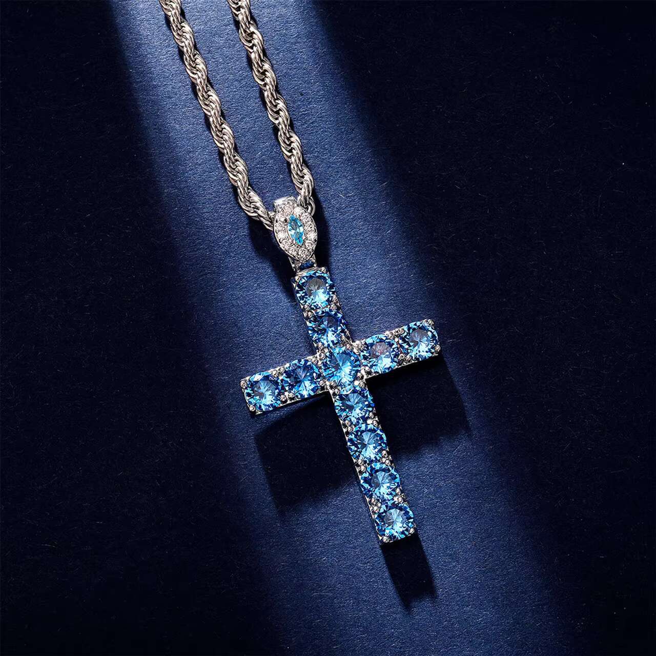 New Arrival Mens Moissanite Cross Pendant Necklace Blue Iced Rose Gold and Silver Studded in Hip Hop Style
