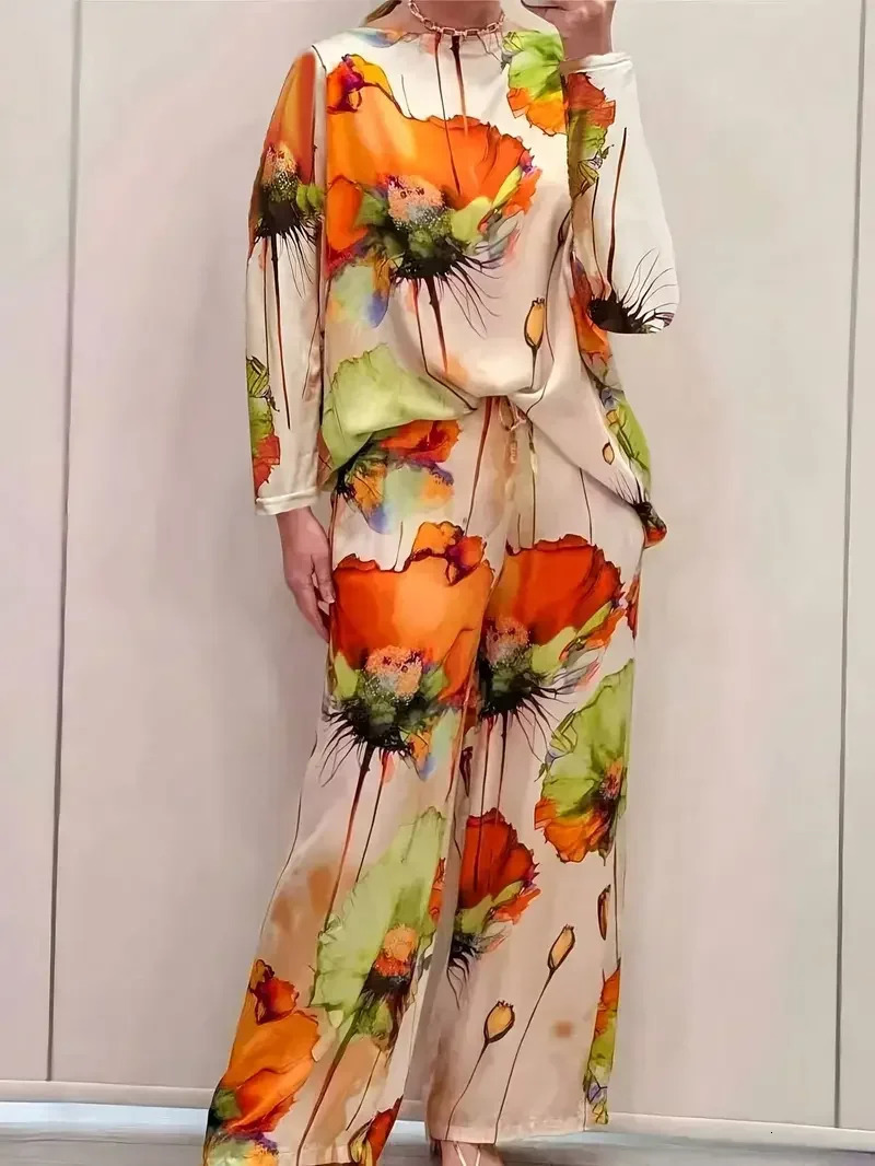 Plus Size 1XL5XL Womens Fashion Floral Print Round Neck Top and Long Pants Sets Ladies Casual and Relaxed Twopieces Sets y250609