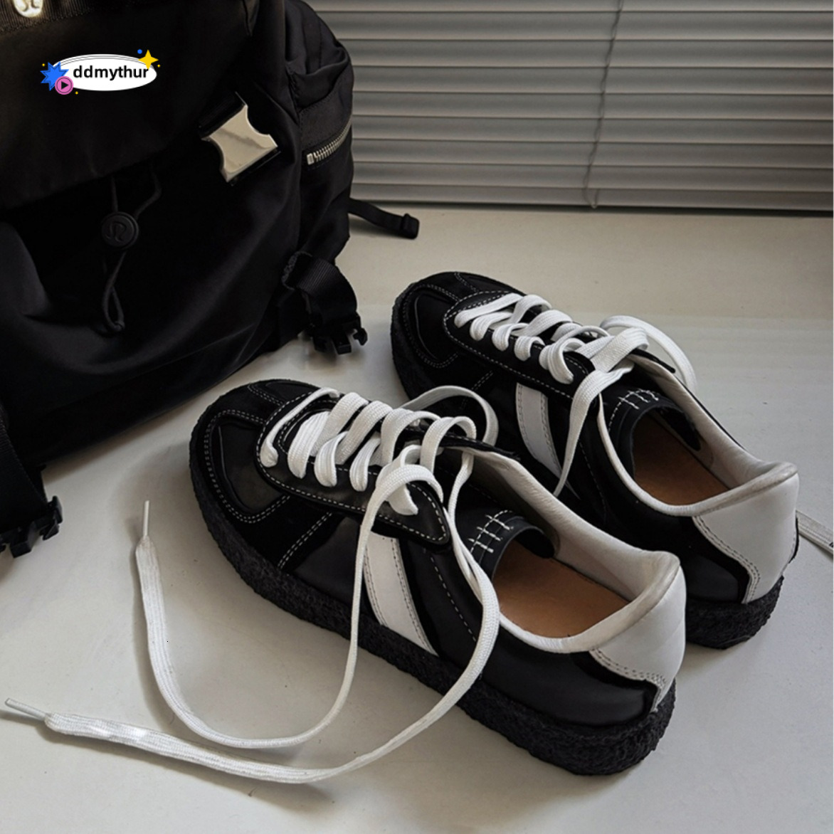 2024 Niche Black German Training for Women Thick Sole Round Toe Lace-up Genuine Leather Sports Casual Shoes Sneakers ddmythur