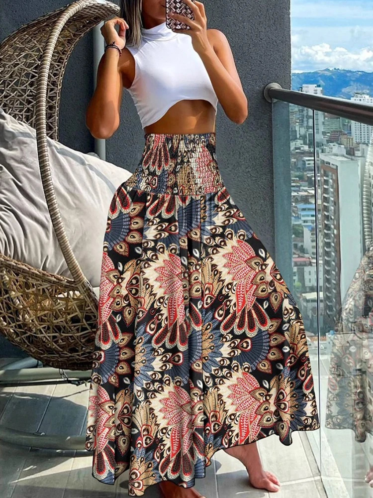 Boho Print Skirts For Women Summer Casual Elastic High Waist Aline Big Swing Long Dress Vacation Beach Party Skirt Robe 250617