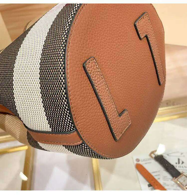 Canvas Genuine Leather Women Fashion Barrel Bucket One Shoulder Crossbody Bags Female Purses And Handbags Ladies Bag